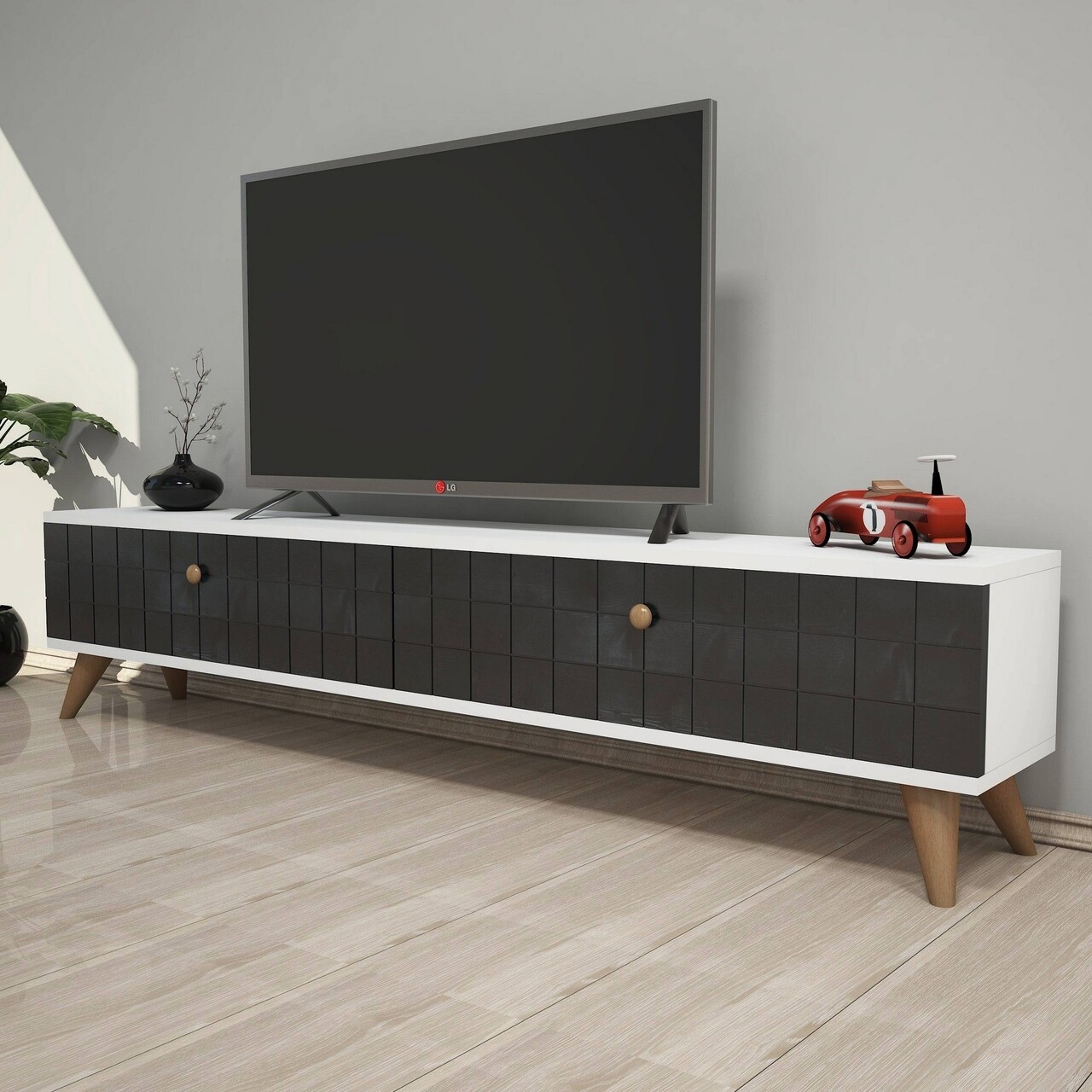 Comoda TV Alberi, Puqa Design, 160x25x35 cm, alb/antracit - imagine 5
